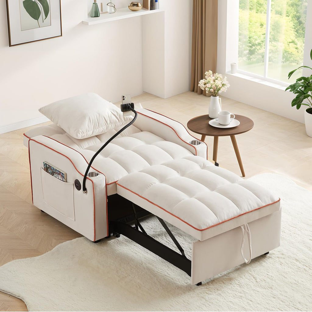 Convertible Single Sleeper Chair Bed,3 in 1 Velvet Futon Sleeper Sofa Bed with Phone Holder&USB Ports,Pull Out Couch Bed,Adjustable Recliner Armchair bed for Living Room,Office,Small Places(Grey)