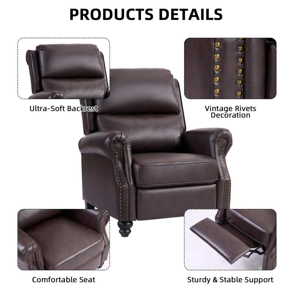 CANMOV Pushback Recliner Chair Faux Leather Armchair Push Back Recliner with Rivet Decoration Single Sofa Accent Chair for Living Room, Chocolate