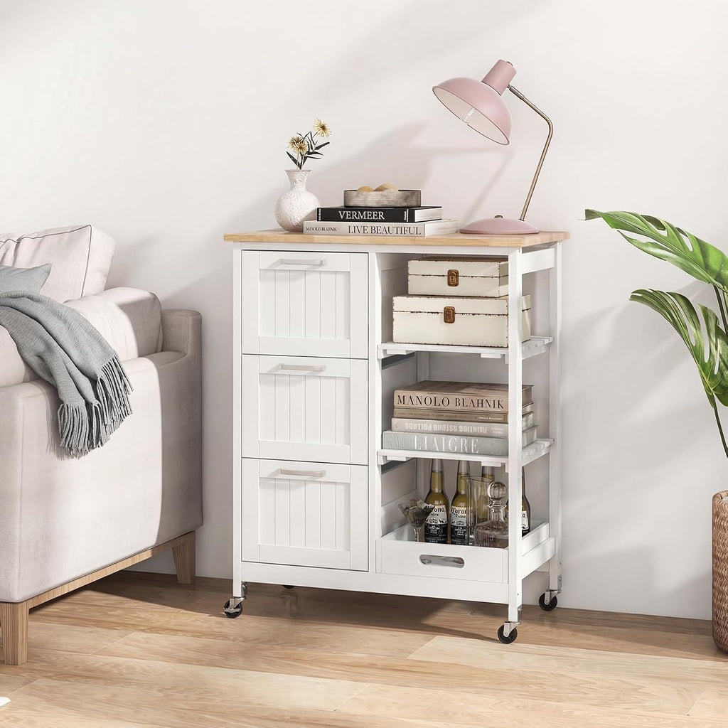 GIANTEX Kitchen Island Cart on Wheels, Rolling Utility Cart w/Rubber Wood Top, 3 Storage Drawers & 2 Removable Shelves & Removable Tray, Lockable Casters, Serving Cart for Dining Room, Bar, White