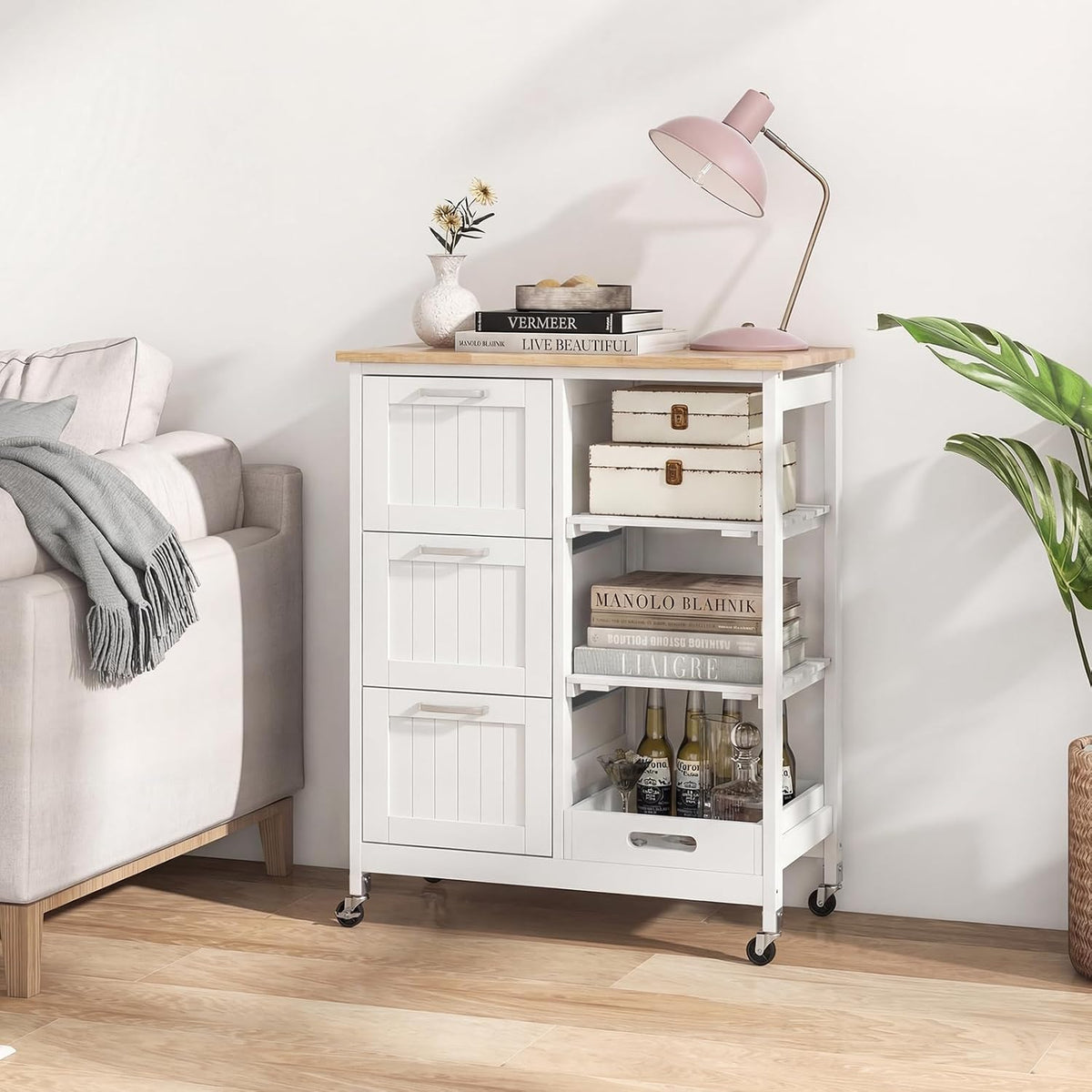 GIANTEX Kitchen Island Cart on Wheels, Rolling Utility Cart w/Rubber Wood Top, 3 Storage Drawers & 2 Removable Shelves & Removable Tray, Lockable Casters, Serving Cart for Dining Room, Bar, White
