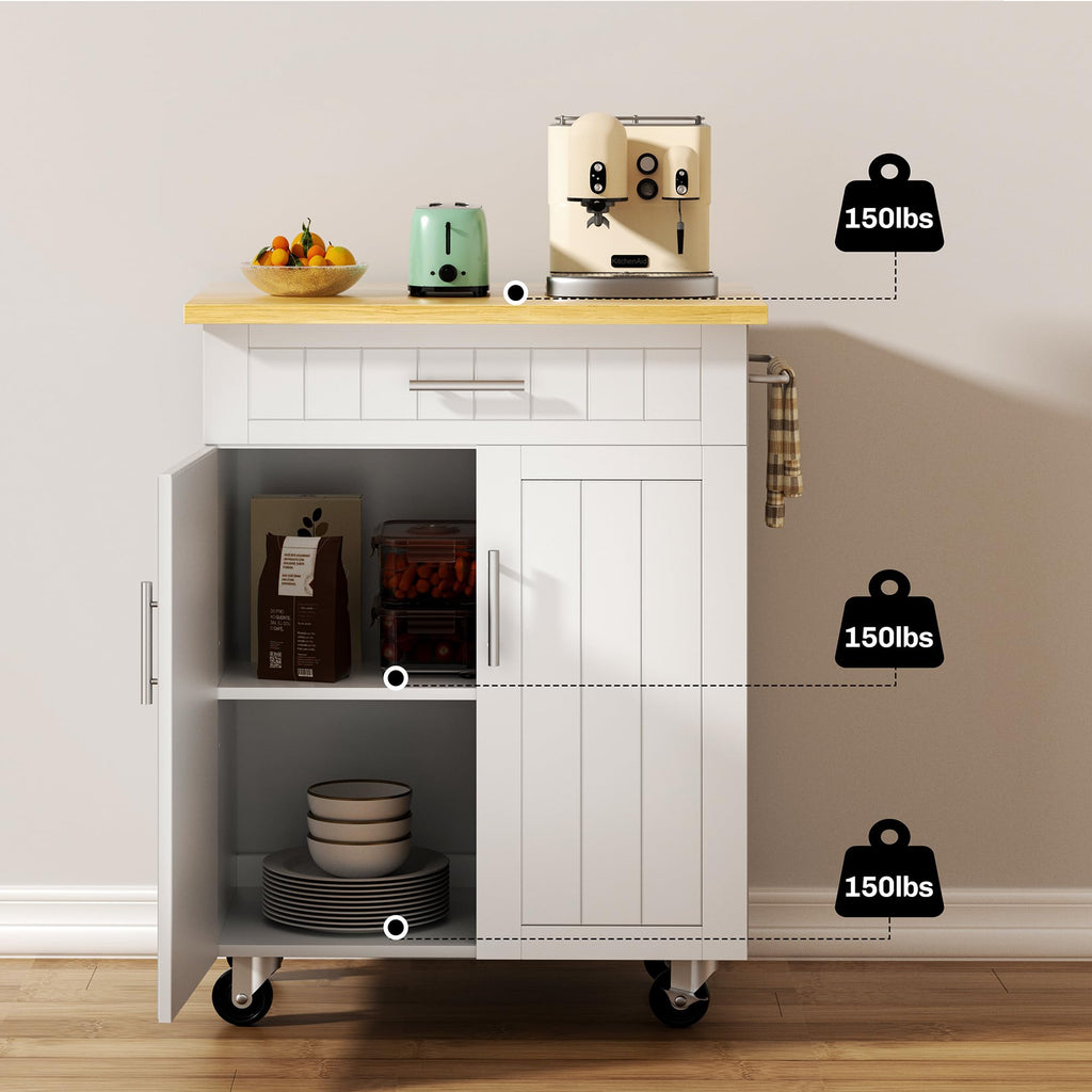 SUNLEI Kitchen Island Cart on Wheels with Storage Cabinet & Drawer, 26" Width Rolling Kitchen Table, Cart Handle for Towel Rack or Free Mobility, Kitchen Cart, Dining Room(Black)
