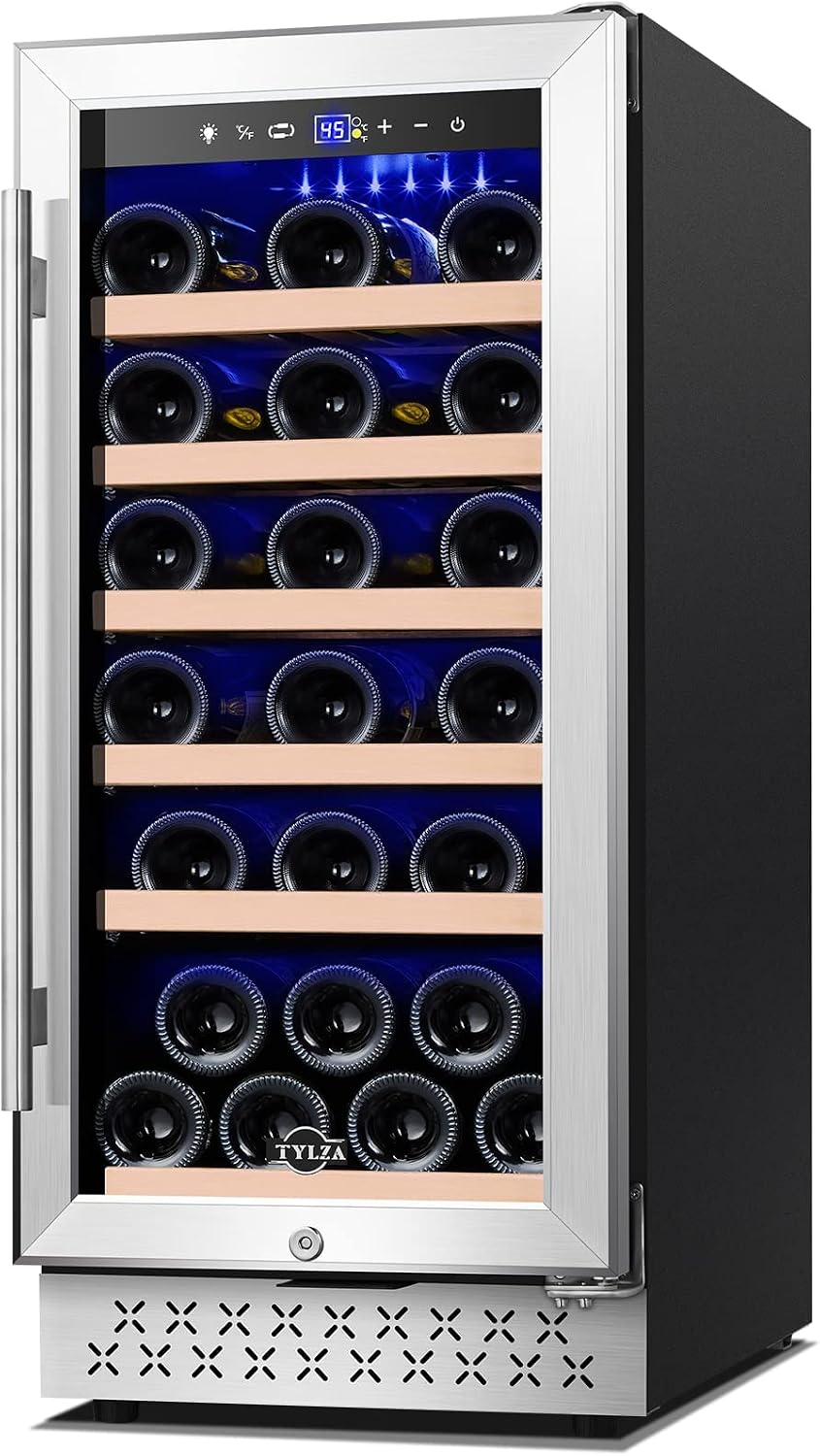 Tylza Wine Fridge 15'', 30 Bottles Wine Cooler Refrigerator, Undercounter or Freestanding, Removable Shelves, 40-65Â°F, Wine Cabinet with Double Glass Door, Wine Cooler for Home, Kitchen, Bar