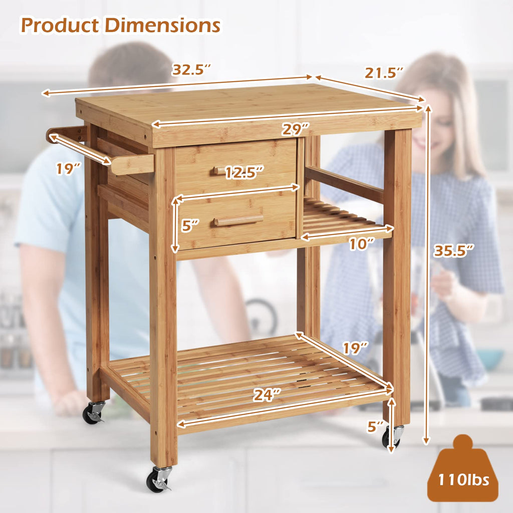 Bamboo Kitchen Island Cart with Storage, Rolling Butcher Block