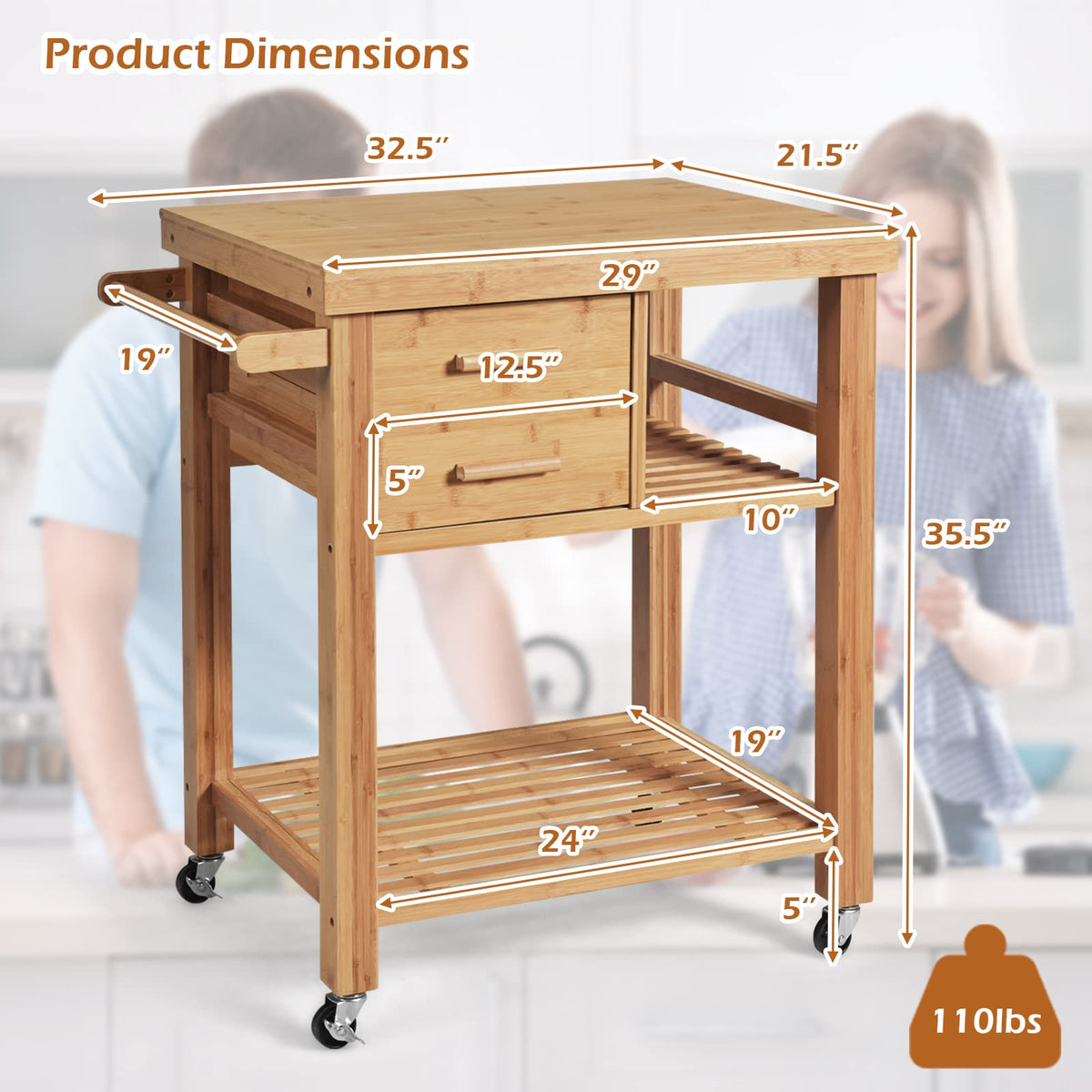 Bamboo Kitchen Island Cart with Storage, Rolling Butcher Block