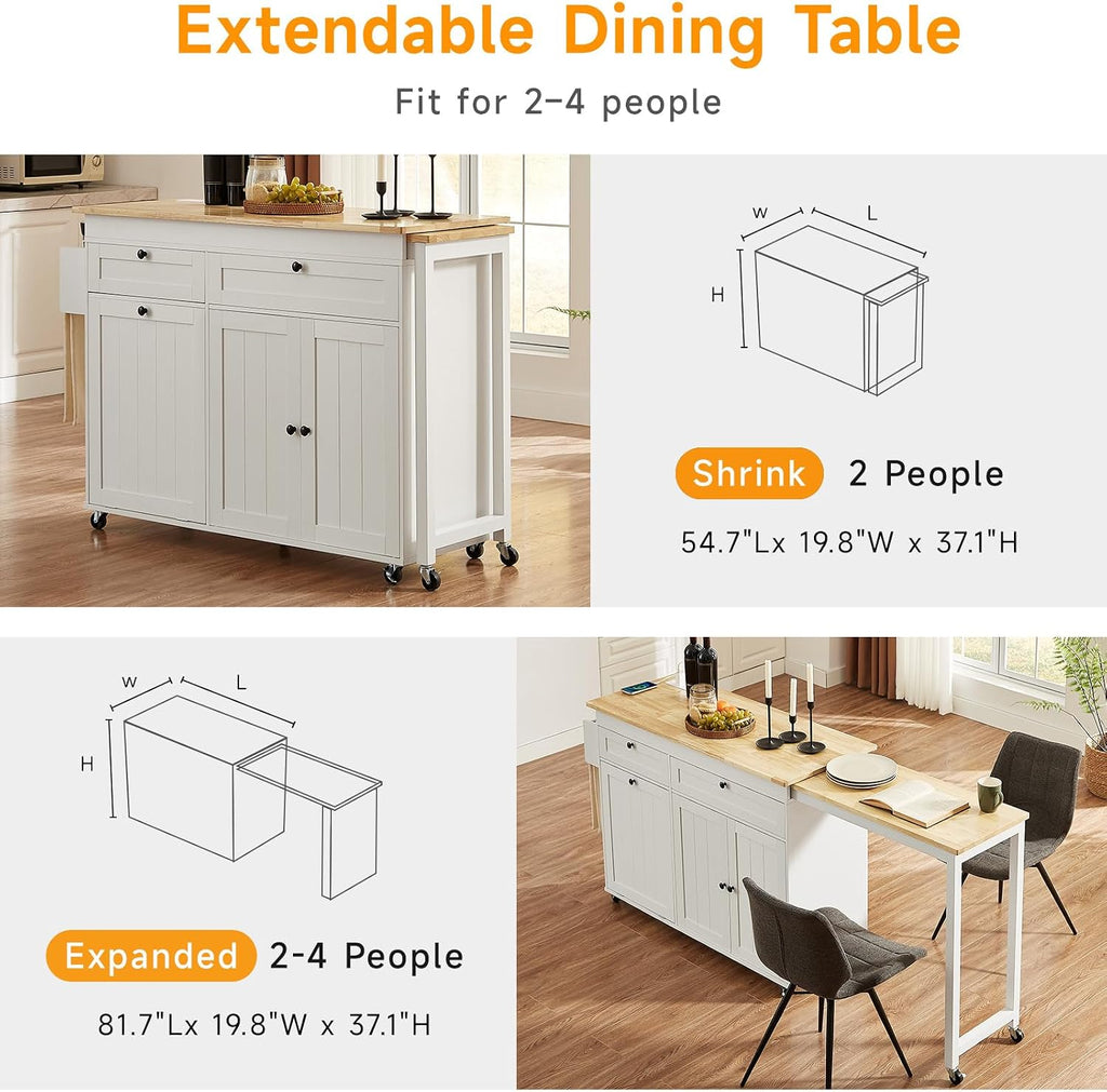 Kitchen Islands with Extendable Dining Table, Mobile Storage Islands, White
