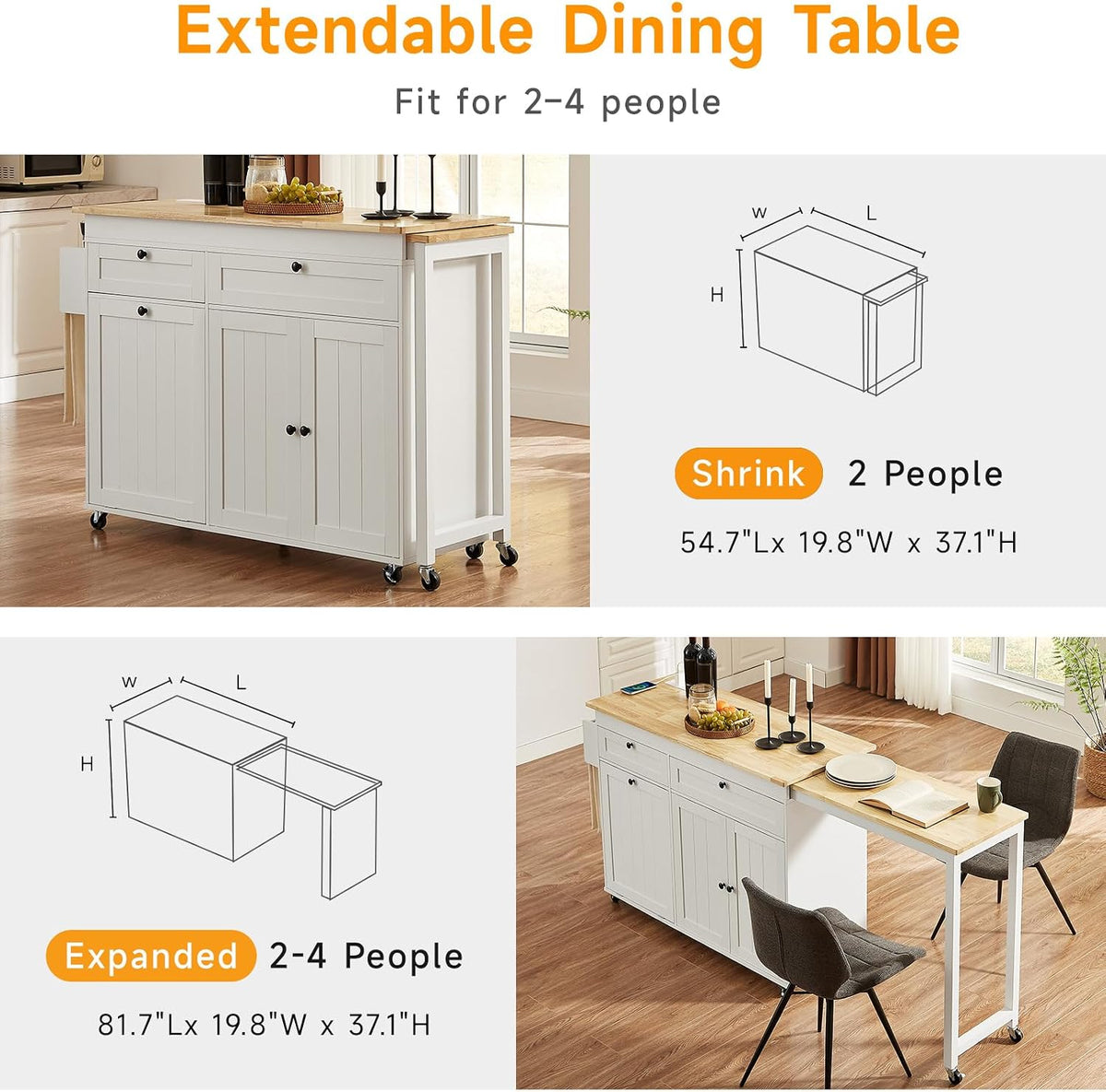 Kitchen Islands with Extendable Dining Table, Mobile Storage Islands, White