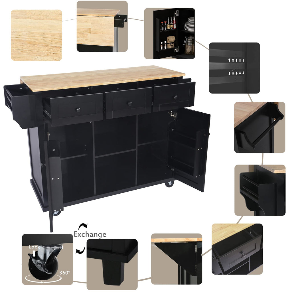 Large Kitchen Island with Rubber Wood Drop Leaf and Silver Handle