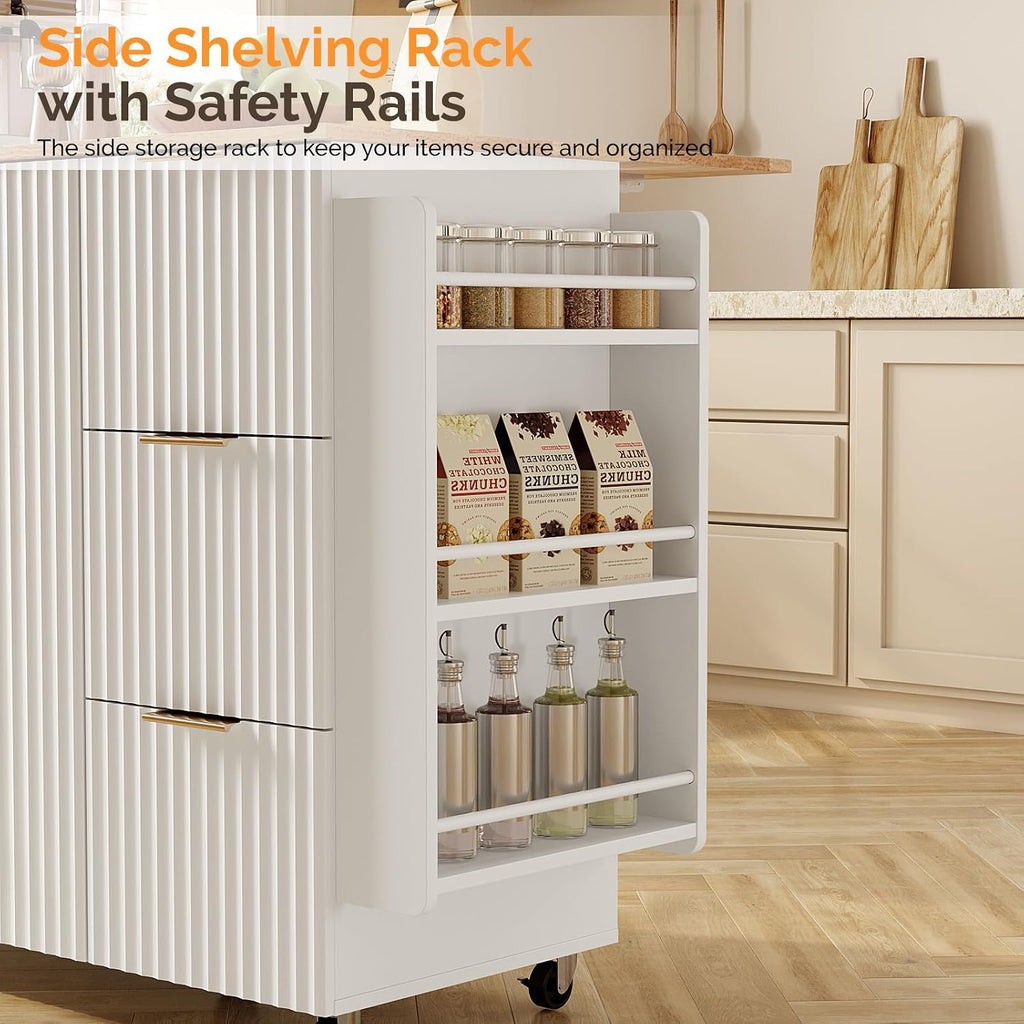VINGLI Fluted Kitchen Island Cart with Drop-Leaf, 3 Drawers, White