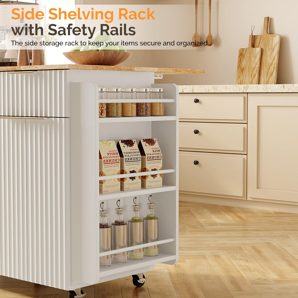 VINGLI Fluted Kitchen Island Cart with Drop-Leaf, 3 Drawers, White