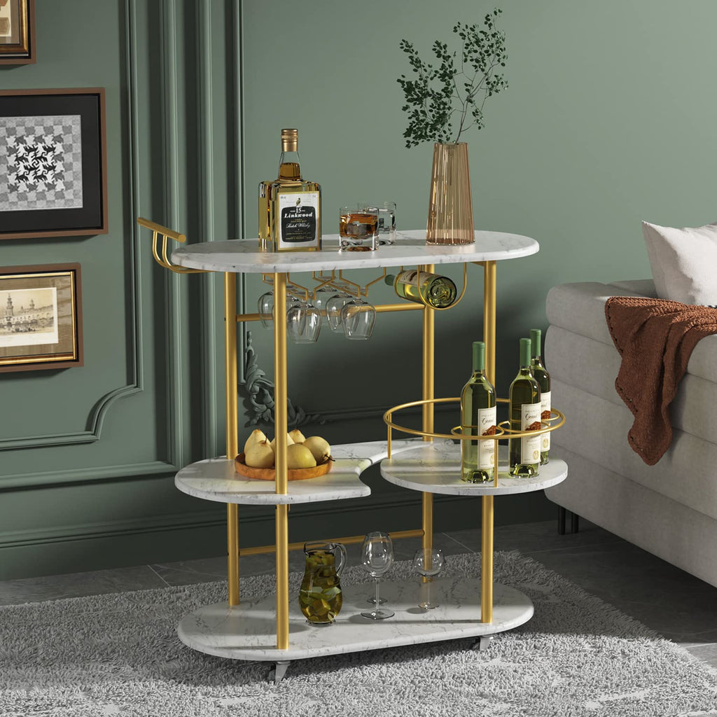 Light Gray Bar Carts with 4-Tier Storage Shelves, Mobile Bar Serving Cart with Wine Rack and Glass Holder, for The Home, Kitchen, Living Room, Dining Room
