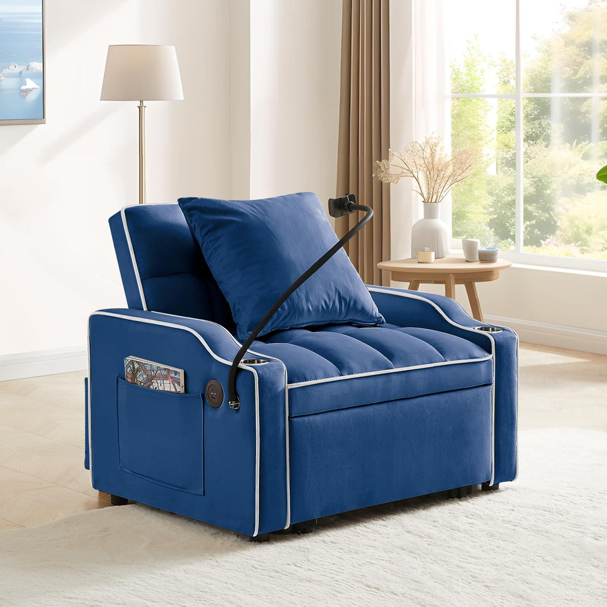 Convertible Single Sleeper Chair Bed,3 in 1 Velvet Futon Sleeper Sofa Bed with Phone Holder&USB Ports,Pull Out Couch Bed,Adjustable Recliner Armchair bed for Living Room,Office,Small Places(Grey)