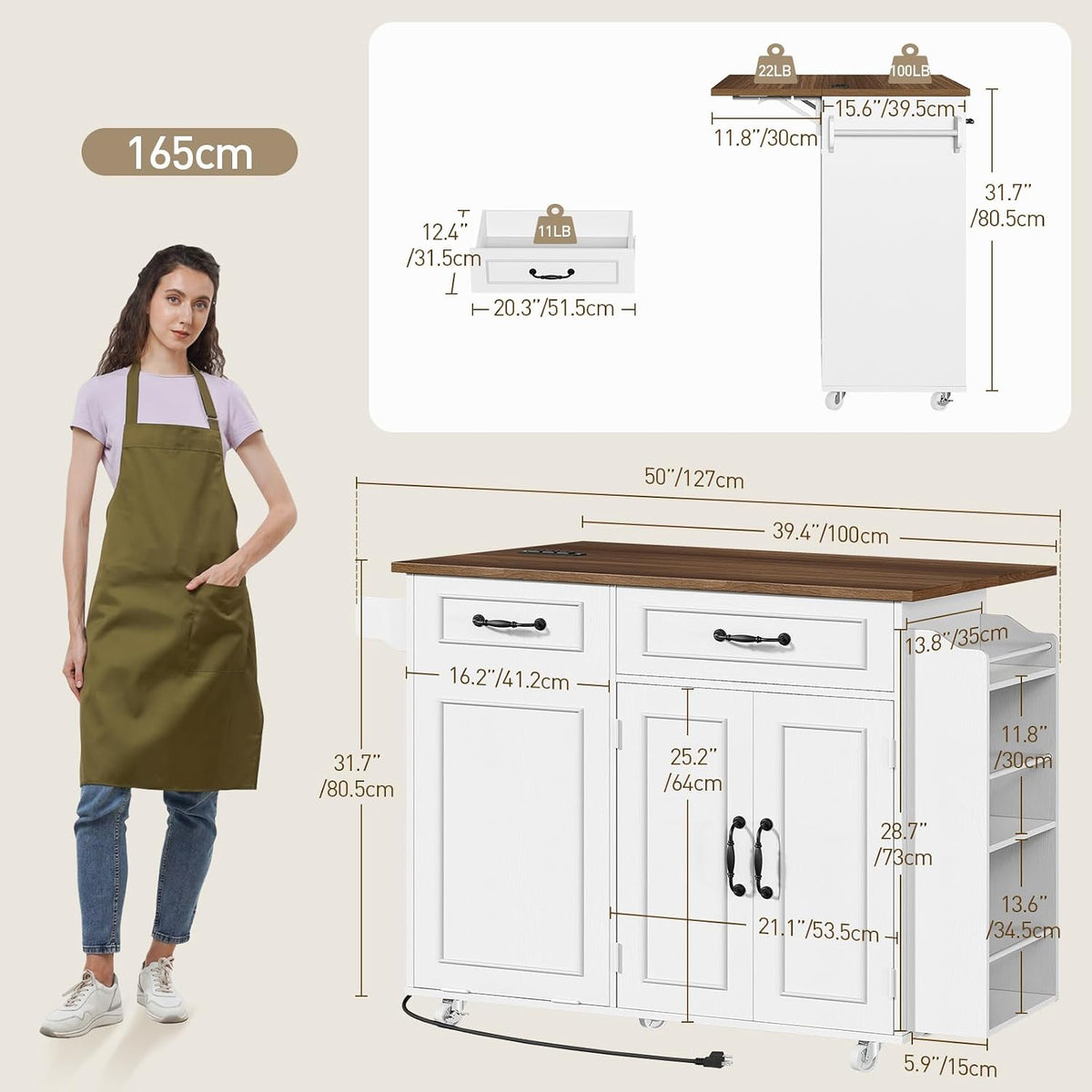 RALGEND Kitchen Island with Power Outlet & Drop Leaf, Mobile Rolling Cart with Trash Can Storage, 3-Tier Spice Rack, Island Table for Kitchen, Dining Room, White and Walnut