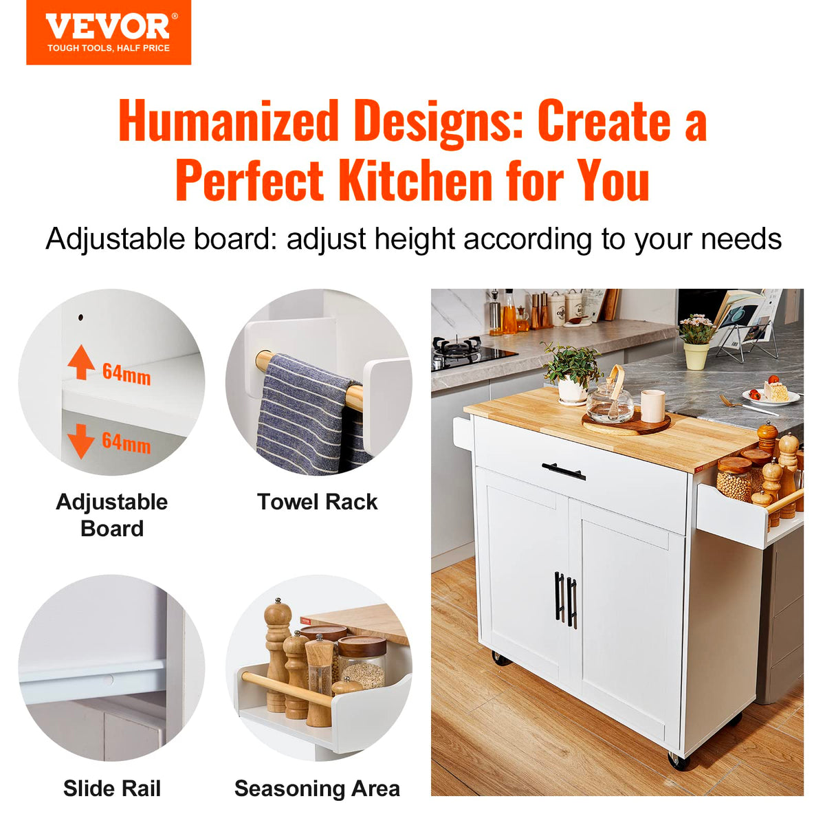 VEVOR Kitchen Island Cart with Storage, 47.64 in Wide Mobile Rolling Storage Island on Swivel Wheels, with 2 Drawers, Storage Cabinet, Drop Leaf, Towel Rack, Table for Home Dining Room, White