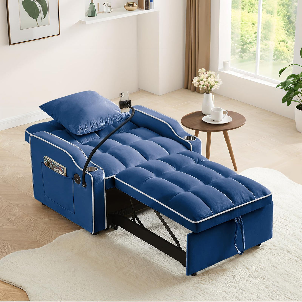 Convertible Single Sleeper Chair Bed,3 in 1 Velvet Futon Sleeper Sofa Bed with Phone Holder&USB Ports,Pull Out Couch Bed,Adjustable Recliner Armchair bed for Living Room,Office,Small Places(Grey)