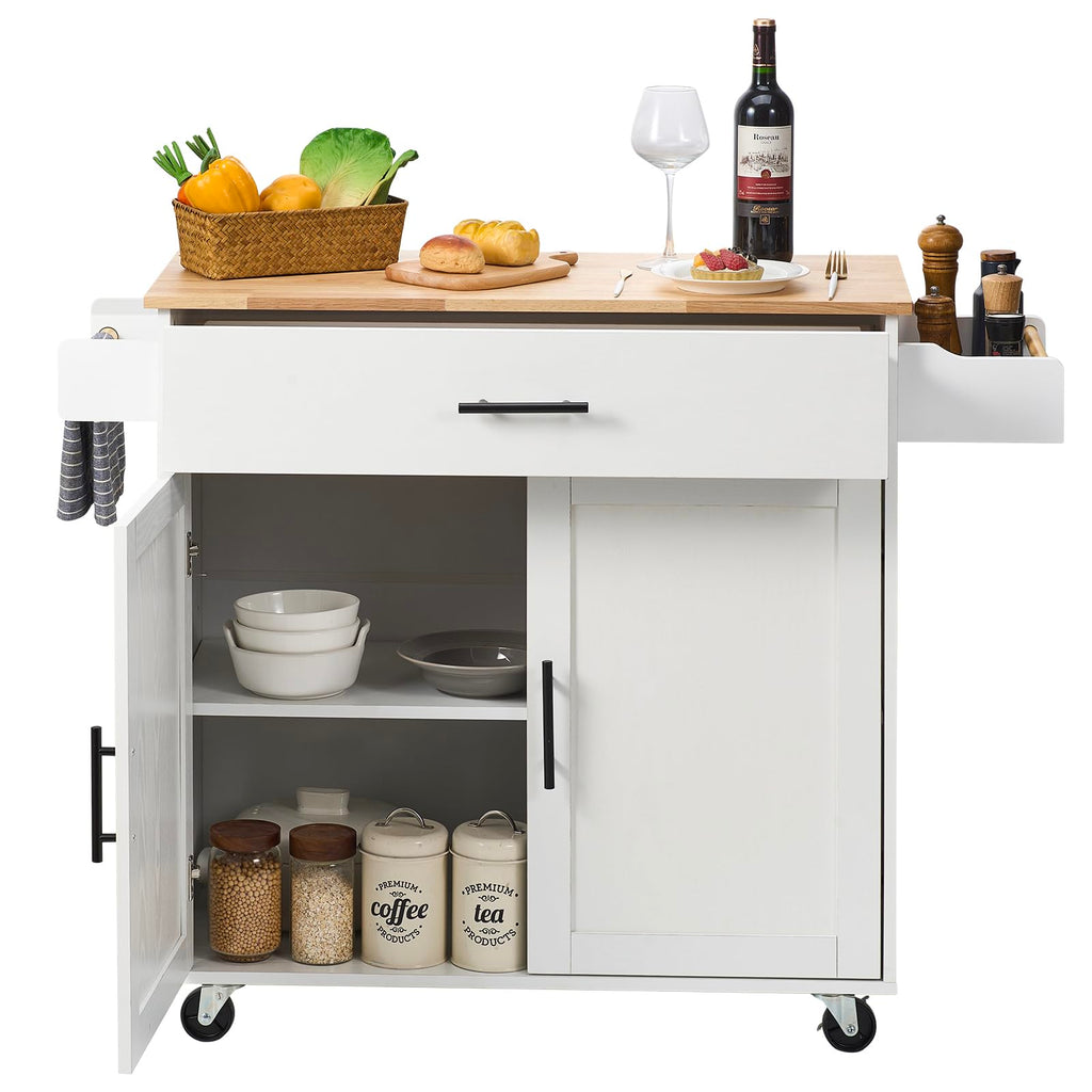 VEVOR Kitchen Island Cart with Storage, 47.64 in Wide Mobile Rolling Storage Island on Swivel Wheels, with 2 Drawers, Storage Cabinet, Drop Leaf, Towel Rack, Table for Home Dining Room, White