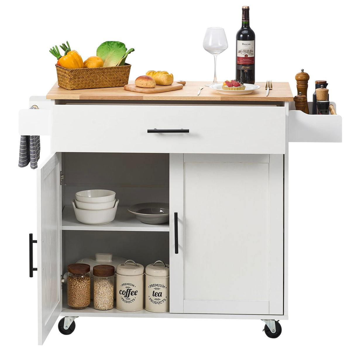 VEVOR Kitchen Island Cart with Storage, 47.64 in Wide Mobile Rolling Storage Island on Swivel Wheels, with 2 Drawers, Storage Cabinet, Drop Leaf, Towel Rack, Table for Home Dining Room, White