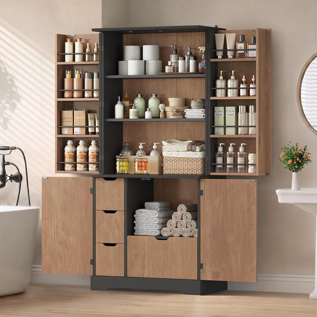 Itaar 71" Kitchen Pantry Cabinet with Charging Station and Led Light, Kitchen Storage Cabinets with Microwave Stand, 59" Wide Pantry Storage Cabinet with Storage Cart 3 Tier for Dining Room, White