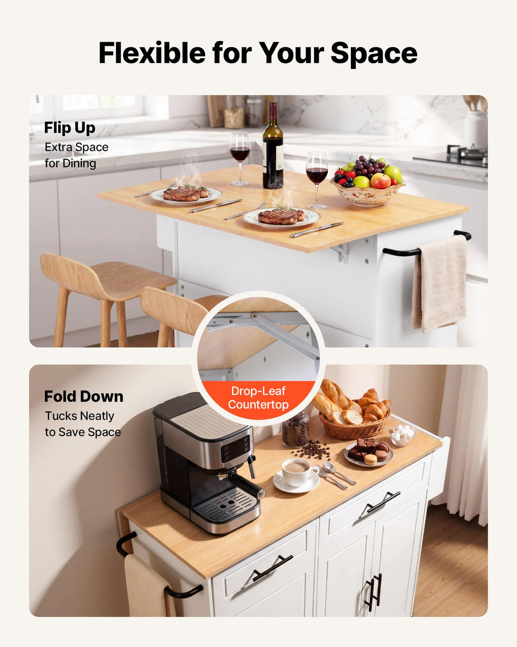 VEVOR Kitchen Island Cart with Storage, 42.28 in Wide Mobile Rolling Storage Island on Swivel Wheels, with Drawer, Storage Cabinet, Drop Leaf, Spice Rack, Table for Home Dining Room, White