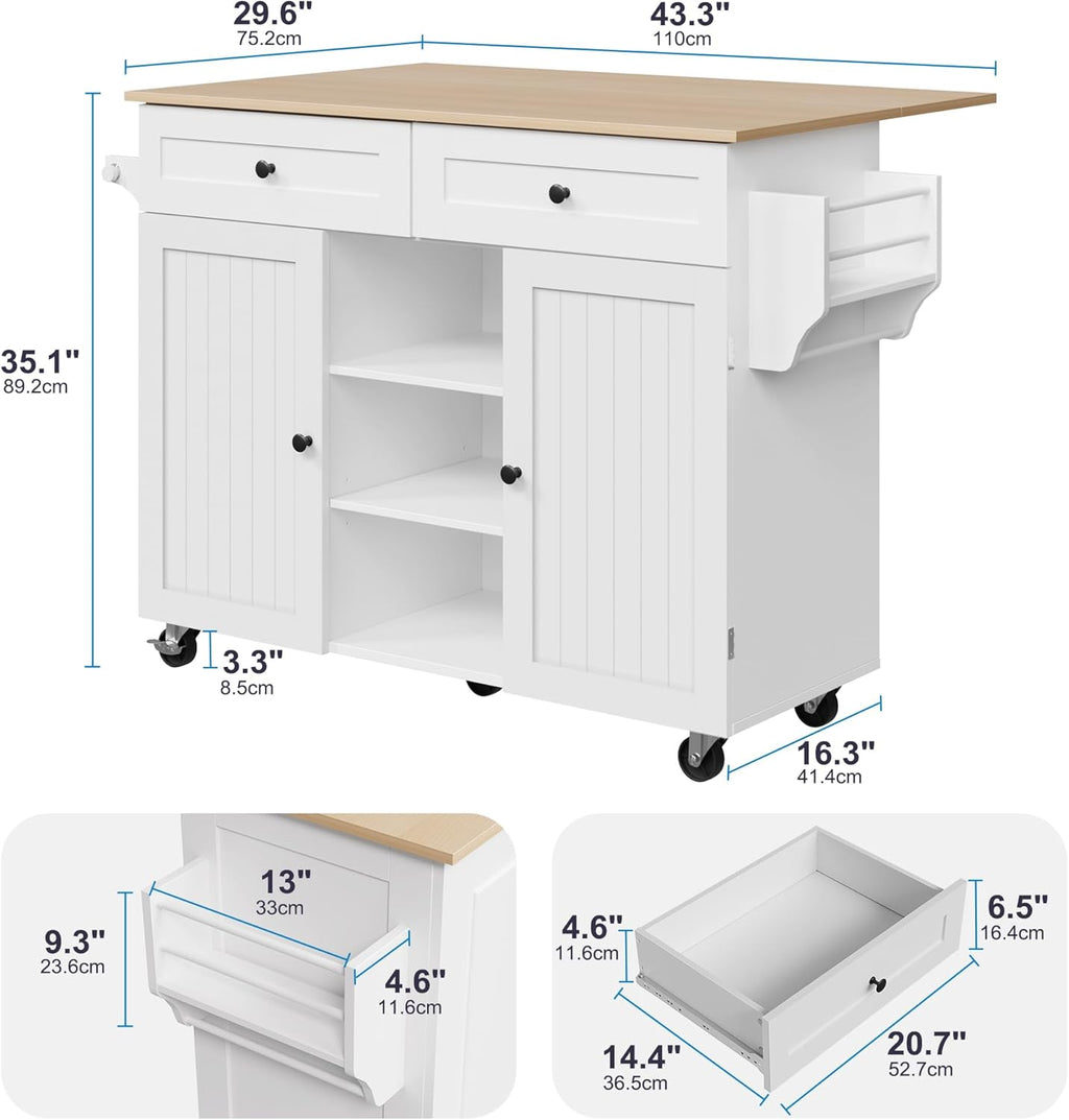 Furnify Kitchen Island with Wheels & Drawers, Kitchen Island Cart, White