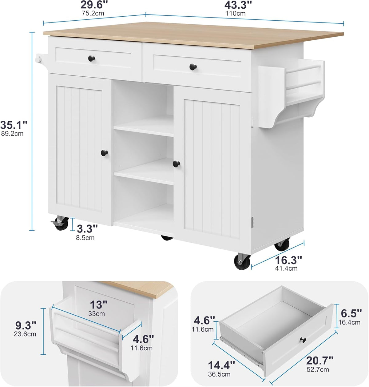 Furnify Kitchen Island with Wheels & Drawers, Kitchen Island Cart, White