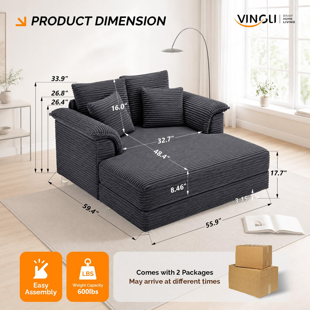 VINGLI 56" Wide Oversized Chaise Lounge Chair with Plush Padded Armrests