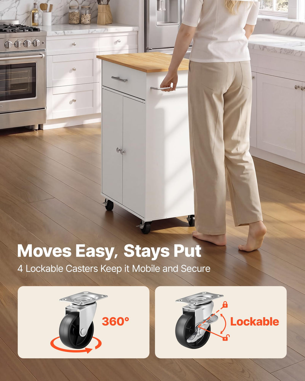 VEVOR Kitchen Island Cart with Storage, 42.28 in Wide Mobile Rolling Storage Island on Swivel Wheels, with Drawer, Storage Cabinet, Drop Leaf, Spice Rack, Table for Home Dining Room, White