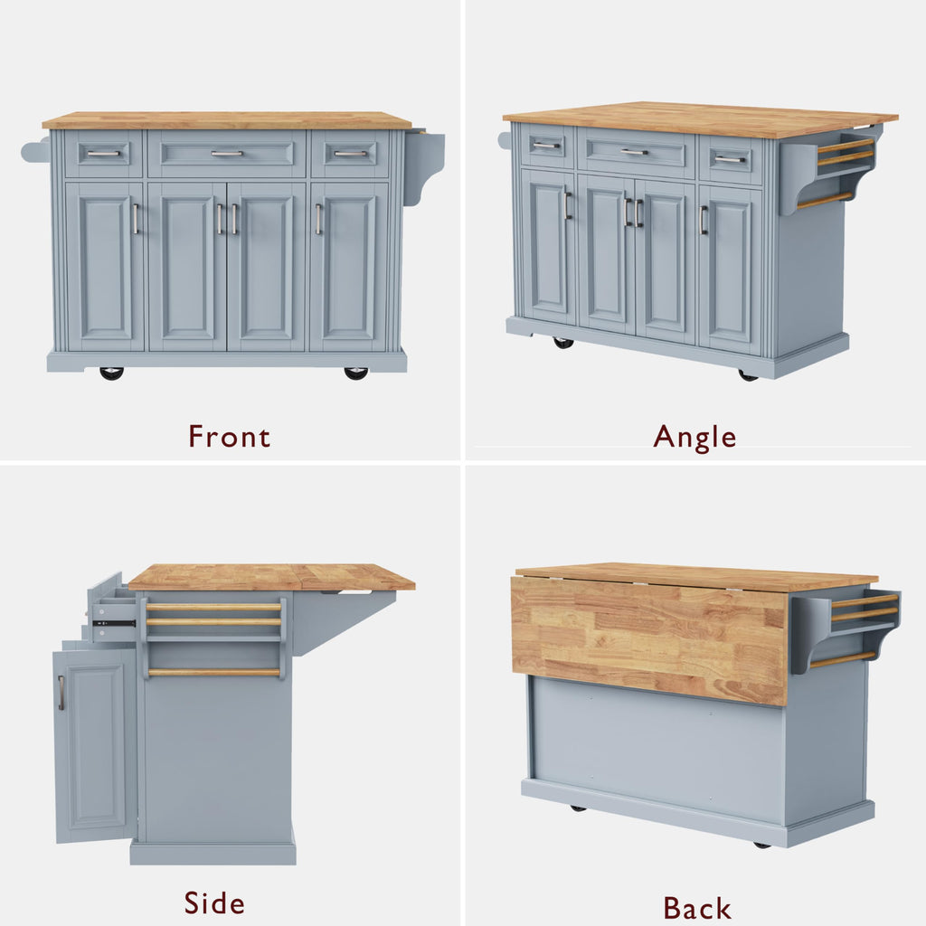 Merax 54" Large Kitchen Cart Island on Wheels with Drop Leaf,Adjustable Shelves,3 Drawers,Embossed Texture Design for Dining Room