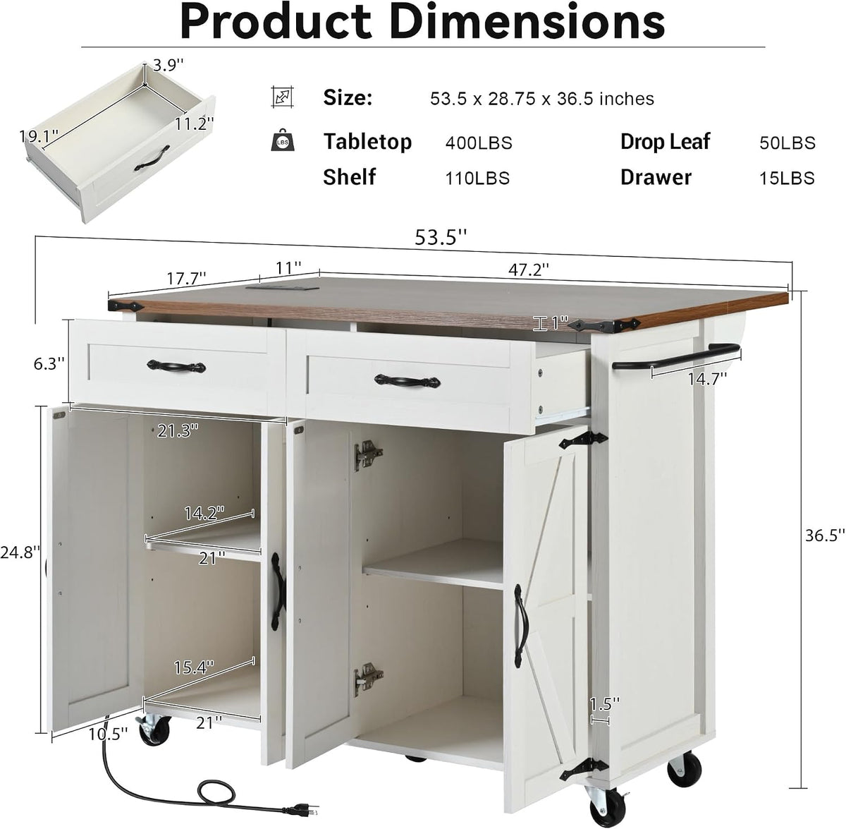 Ball & Cast Farmhouse Kitchen Island with Power Outlet,Dining Storage Island with Drop Leaf,Spice Rack and Drawer,Rolling Dining Cart on Wheels for Home,Kitchen,Dining Room,White,54"