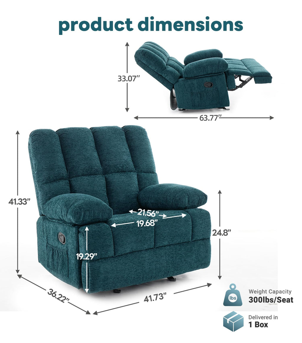 WILLOVE 41" Oversized Rocker Recliner Chair, Rocking Recliners Overstuffed Soft Big Man Manual Recliner, Extra Large Chenille Living Room Chair 350 LBS Capacity, Grey, L