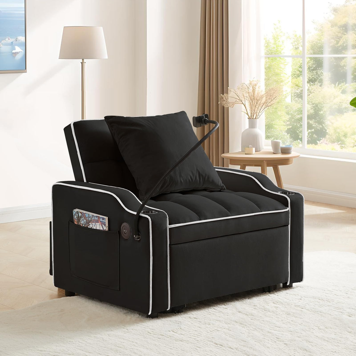 Convertible Single Sleeper Chair Bed,3 in 1 Velvet Futon Sleeper Sofa Bed with Phone Holder&USB Ports,Pull Out Couch Bed,Adjustable Recliner Armchair bed for Living Room,Office,Small Places(Grey)