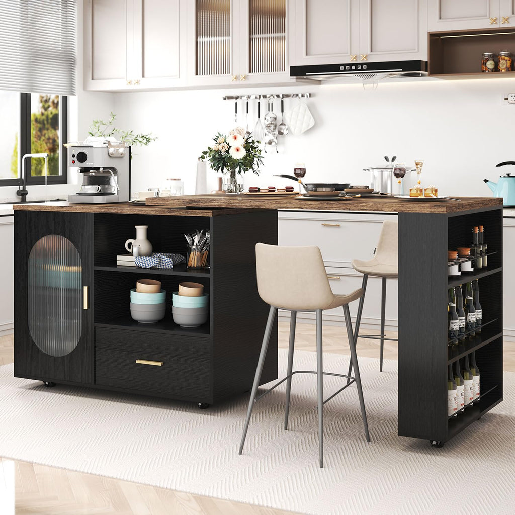 HSH 72â Rolling Kitchen Island with Seating & Storage on Wheels, White Oak
