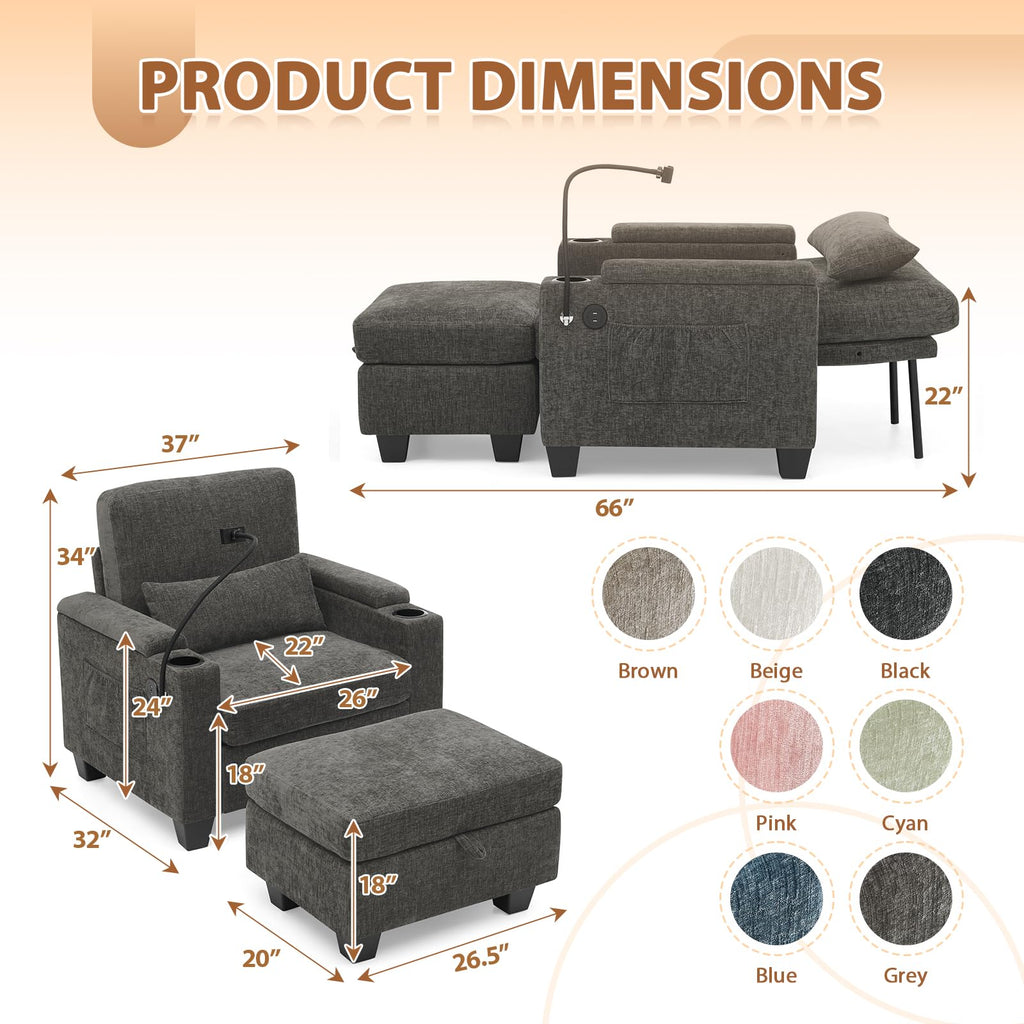 Oversized Chaise Lounge Chair Indoor, Single Convertible Recliner Reading Arm Sofa Chair W/Adjustable Backrest & Charging Port Couch Bed for Living Room, Home Theater & Bedroom, Brown