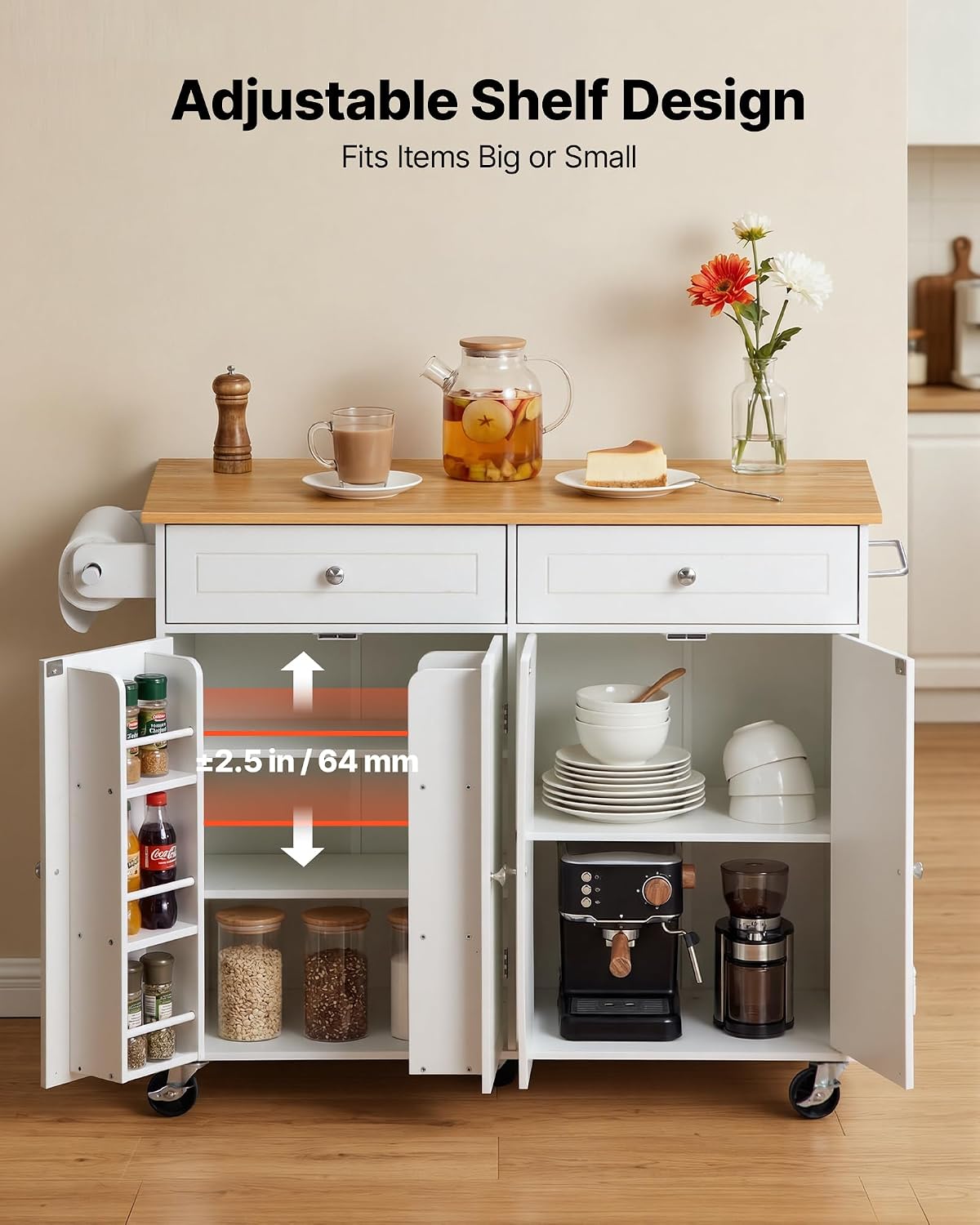 VEVOR Kitchen Island Cart with Storage, 47.64 in Wide Mobile Rolling Storage Island on Swivel Wheels, with 2 Drawers, Storage Cabinet, Drop Leaf, Towel Rack, Table for Home Dining Room, White