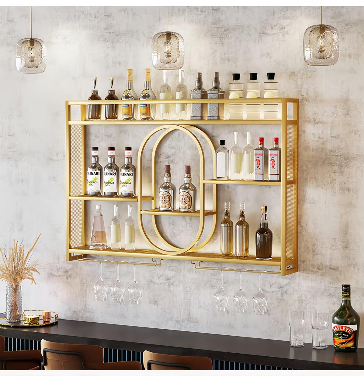 39" Upgrade Metal Wall Mounted Wine Rack, 3-Tier Large Capacity Hanging Bar Shelf, Modern Liquor Wall Shelves for Home & Dining, Gold