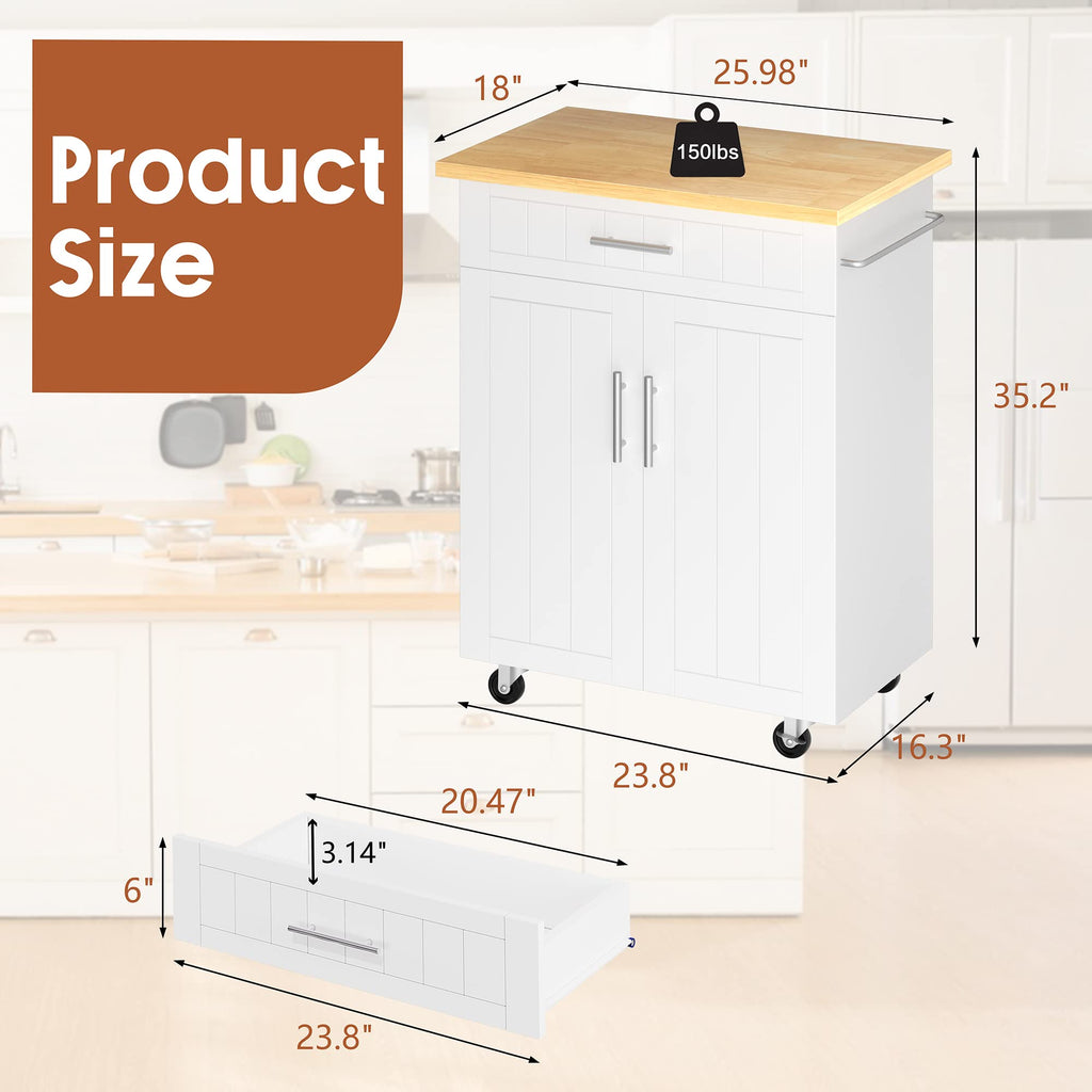 SUNLEI Kitchen Island Cart on Wheels with Storage Cabinet & Drawer, 26" Width Rolling Kitchen Table, Cart Handle for Towel Rack or Free Mobility, Kitchen Cart, Dining Room(Black)