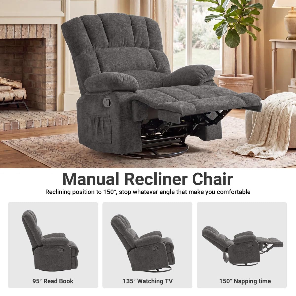 WILLOVE 41" Oversized Rocker Recliner Chair, Rocking Recliners Overstuffed Soft Big Man Manual Recliner, Extra Large Chenille Living Room Chair 350 LBS Capacity, Grey, L