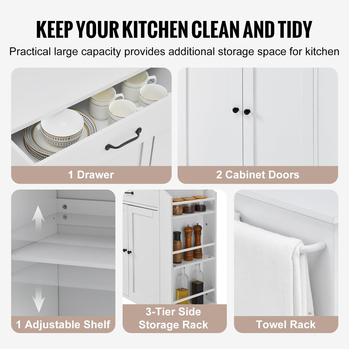 VEVOR Kitchen Island Cart with Storage, 47.64 in Wide Mobile Rolling Storage Island on Swivel Wheels, with 2 Drawers, Storage Cabinet, Drop Leaf, Towel Rack, Table for Home Dining Room, White