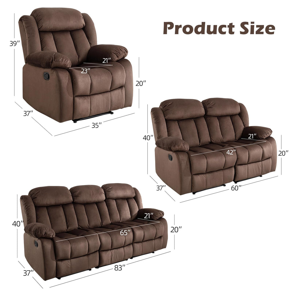INZOY Manual Recliner Chair with Padded Armrest, Wall-Hugger Single Sofa Recliners with Overstuffed Back, Classical Fabric Reclining Chairs for Living Room Theater Seating, Brown
