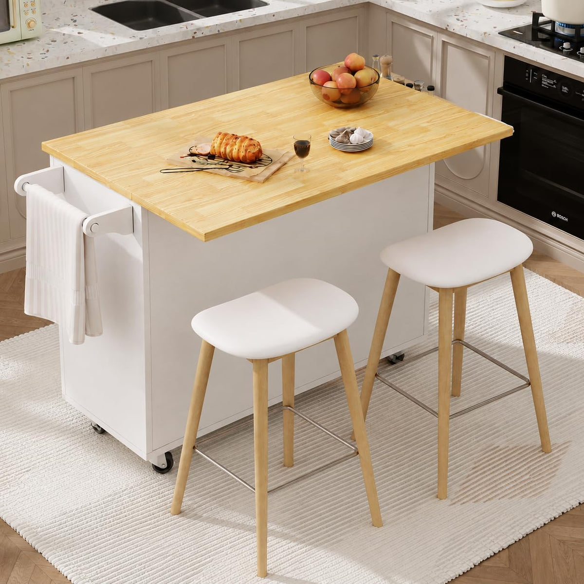 43" Kitchen Island on Wheels, Rolling Kitchen Island with Drop Leaf, Black