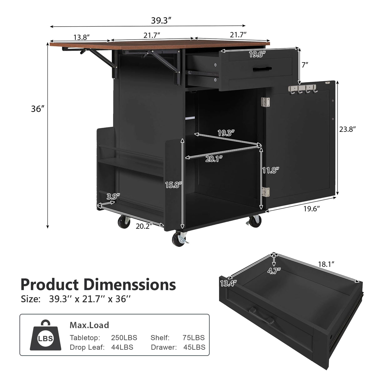 39.3"Farmhouse Kitchen Island with Open Side Rack and Drop Leaf and,Small Kitchen Rolling Cart with Drawer and Storage Cabinet, Narrow Mobile Dining Table with Lockable Wheels and Towel Rack White