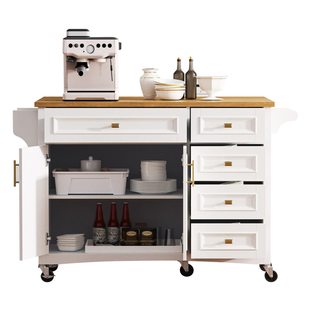 Merax 54" Large Kitchen Cart Island on Wheels with Drop Leaf,Adjustable Shelves,3 Drawers,Embossed Texture Design for Dining Room