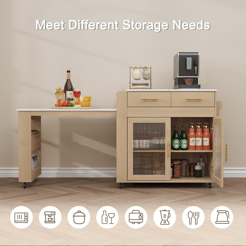 HLR 72" Extendable Rolling Kitchen Island with Storage, Island Table on Wheels with Marble Grain Countertop & Power Outlet, Portable Island Cart with Cabinets, Drawers and Shelves, Wood