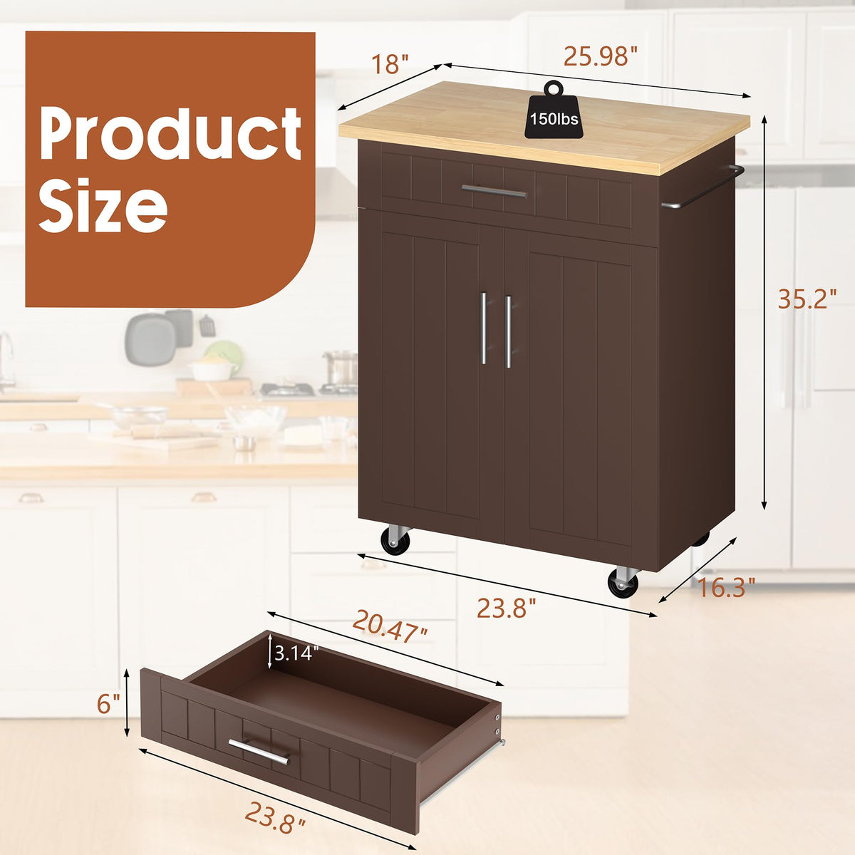 SUNLEI Kitchen Island Cart on Wheels with Storage Cabinet & Drawer, 26" Width Rolling Kitchen Table, Cart Handle for Towel Rack or Free Mobility, Kitchen Cart, Dining Room(Black)