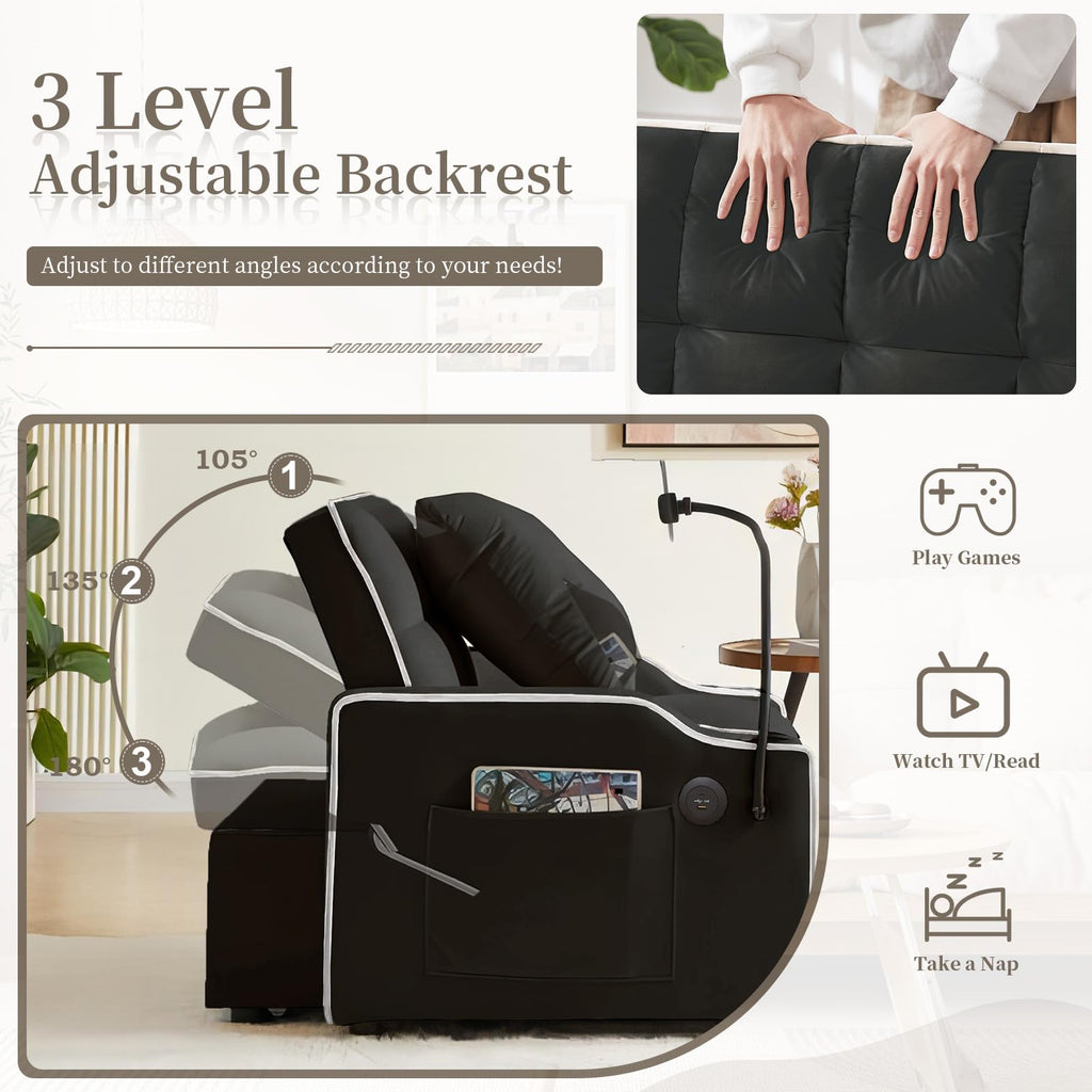 Convertible Single Sleeper Chair Bed,3 in 1 Velvet Futon Sleeper Sofa Bed with Phone Holder&USB Ports,Pull Out Couch Bed,Adjustable Recliner Armchair bed for Living Room,Office,Small Places(Grey)