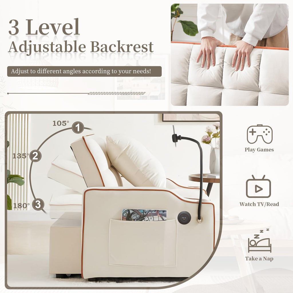 Convertible Single Sleeper Chair Bed,3 in 1 Velvet Futon Sleeper Sofa Bed with Phone Holder&USB Ports,Pull Out Couch Bed,Adjustable Recliner Armchair bed for Living Room,Office,Small Places(Grey)