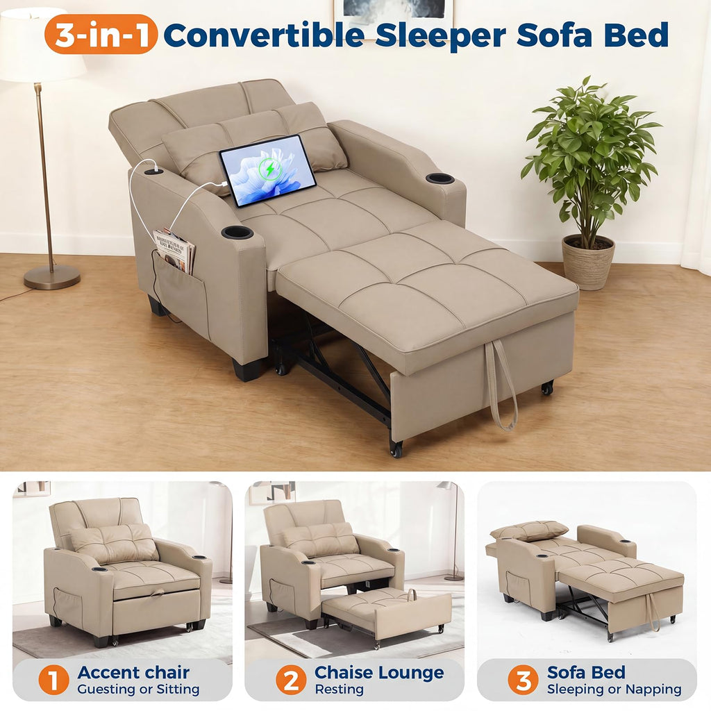 Sleeper Chair Pull Out Bed, 4 in 1 Convertible Sofa Chair Bed with Vibration Massage Lumbar Pillow, Single Sofa Recliner with USB/Type-C Port, Cup Holders and Side Pocket for Small Spaces (Black)