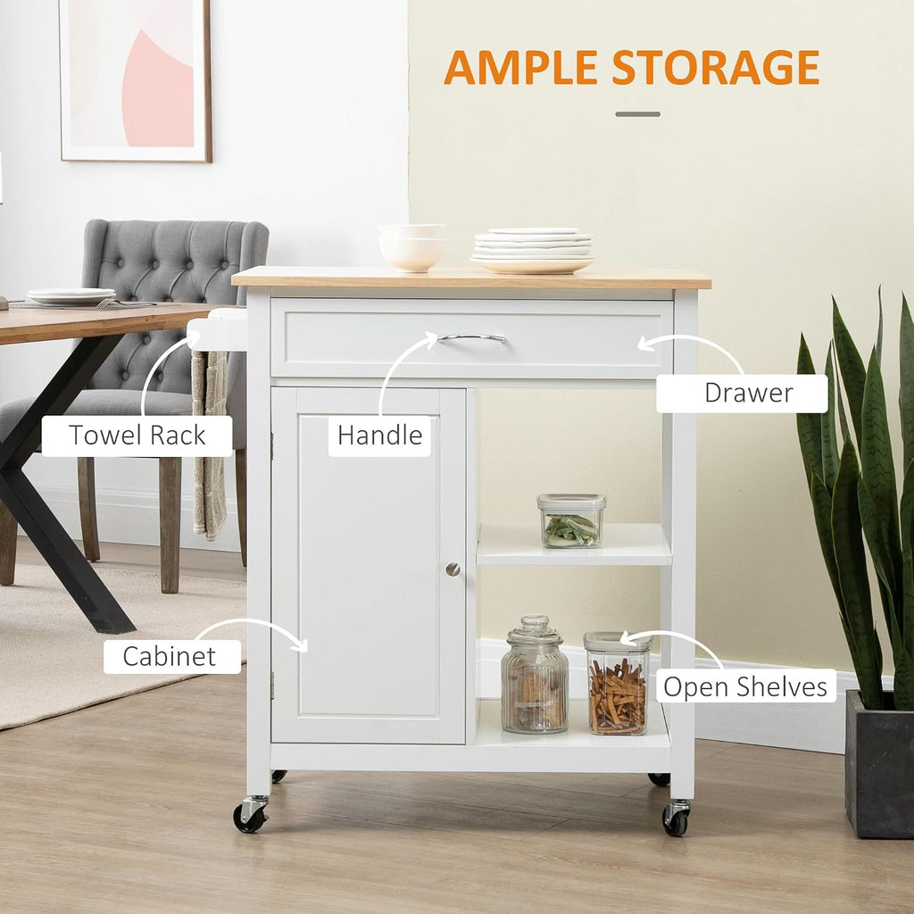 HOMCOM Kitchen Island Cart, Rolling Kitchen Island, Wood Top, White