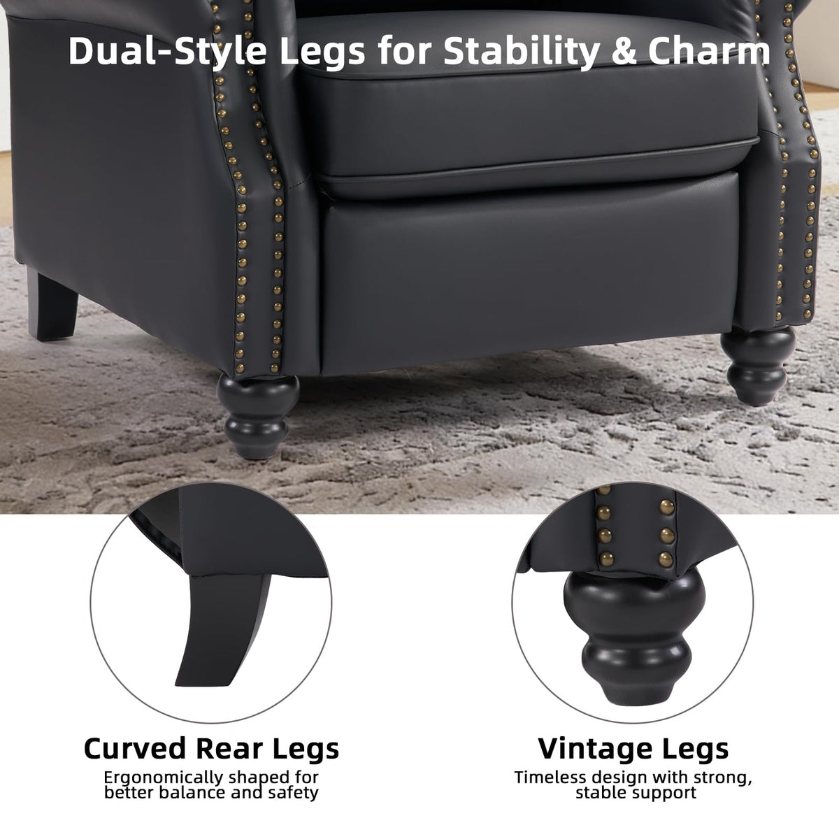 CANMOV Pushback Recliner Chair Faux Leather Armchair Push Back Recliner with Rivet Decoration Single Sofa Accent Chair for Living Room, Chocolate