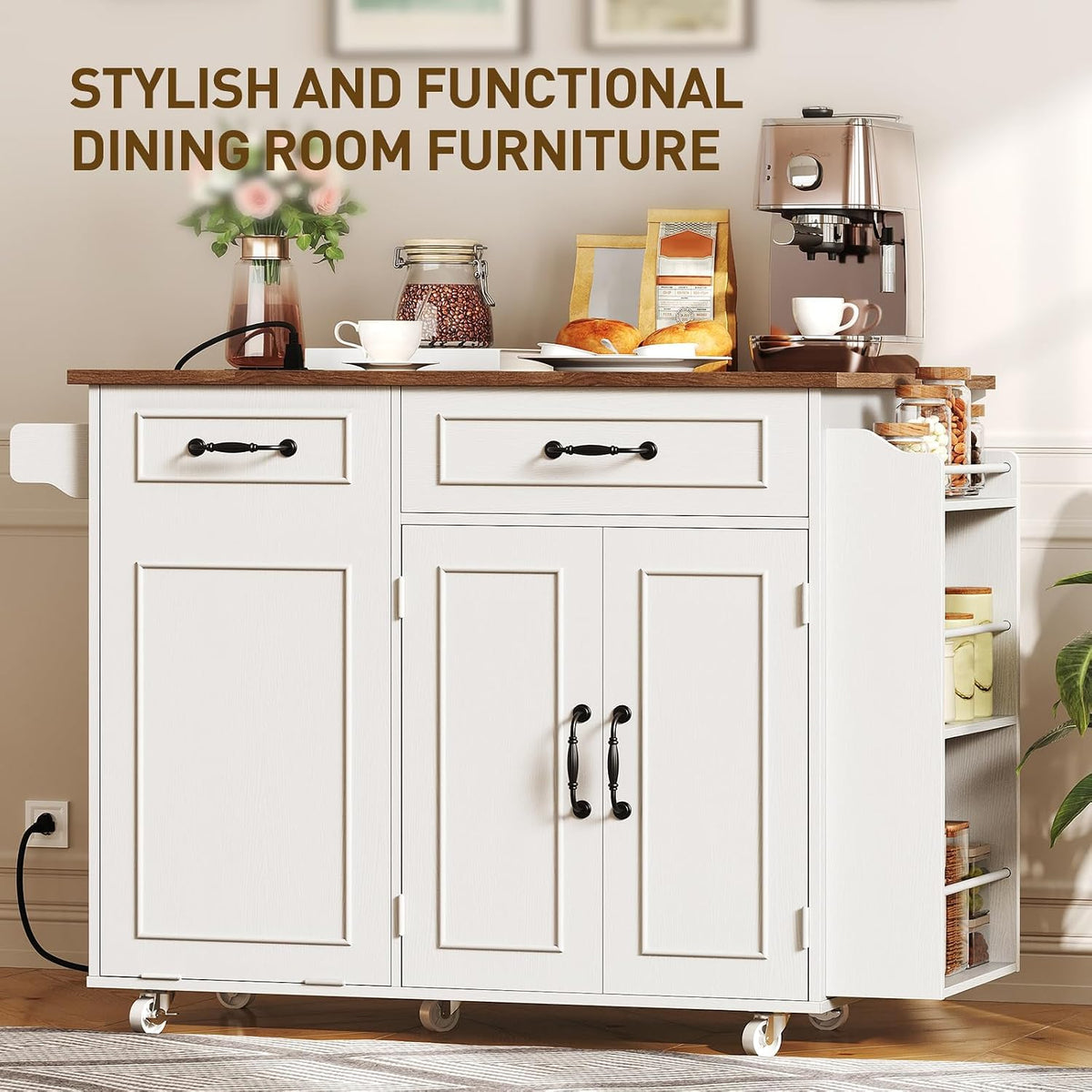 RALGEND Kitchen Island with Power Outlet & Drop Leaf, Mobile Rolling Cart with Trash Can Storage, 3-Tier Spice Rack, Island Table for Kitchen, Dining Room, White and Walnut