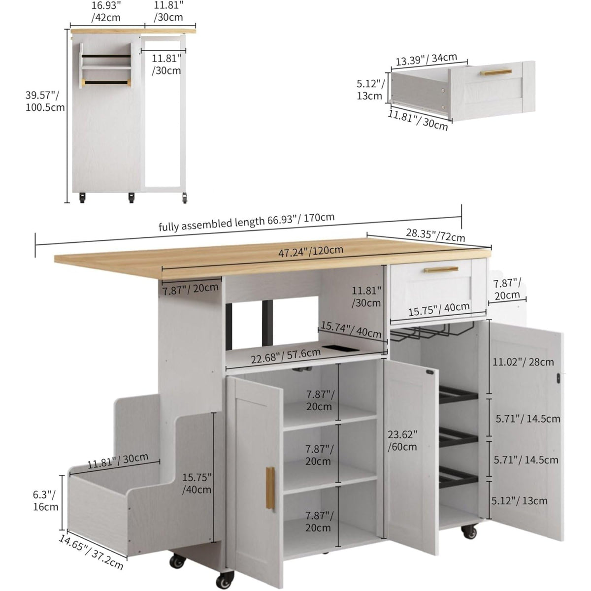ASTRONAPE Rolling Kitchen Island Cart with Storage, Mobile Kitchen Island with Power Outlet, Large Wood Top, Drawers & Cabinets for Dining Room (White, Model 1)